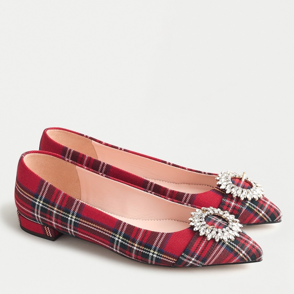 J.CREW Flats Red Stewart Tartan Crystal Buckle RARE